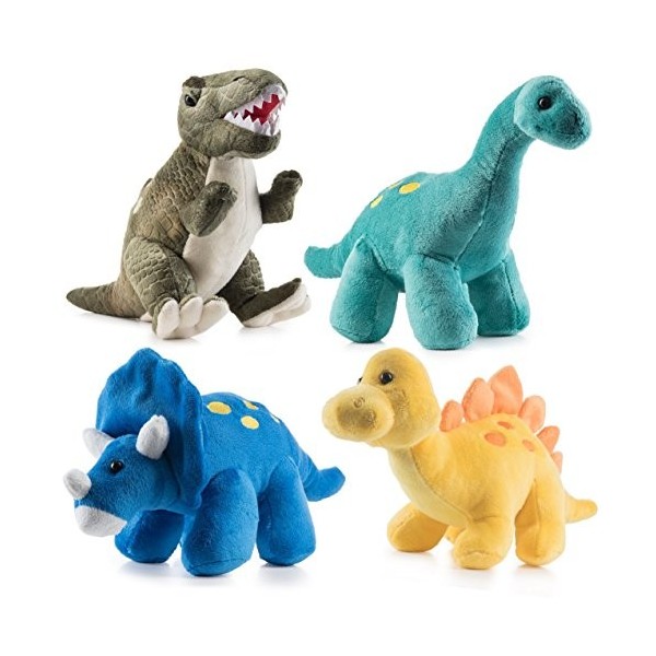 PREXTEX Dinosaures de Haute Qualité Pack de 4 de 25 cm de Long Beau Cadeau pour Les Enfants Assortiment d’Animaux en Peluche 