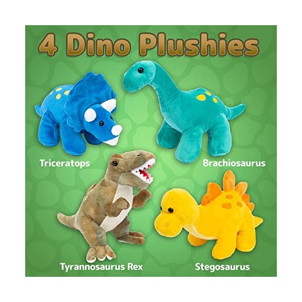 PREXTEX Dinosaures de Haute Qualité Pack de 4 de 25 cm de Long Beau Cadeau pour Les Enfants Assortiment d’Animaux en Peluche 