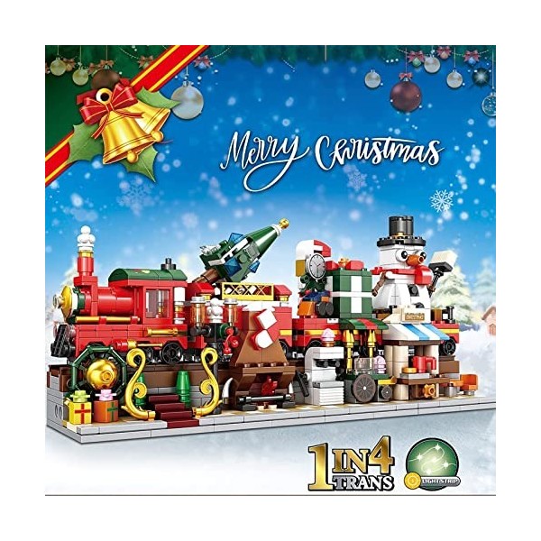 ROMOZ Train de Noël avec lumières - Jeu de blocs de construction - 838 pièces - Train dhiver 1 en 4 - Avec lumières - Modèle