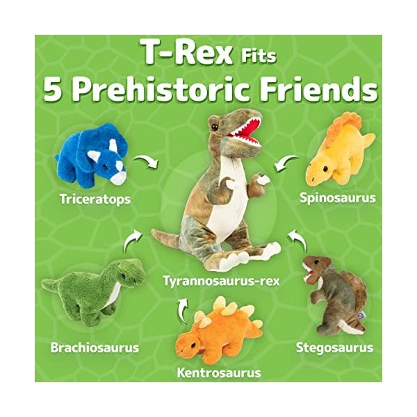 PREXTEX Set de Peluches Dinosaure T-Rex de 15 Inches/38 Centimètres avec Poche de Rangement à Fermeture Eclair Contenant 5 Ad