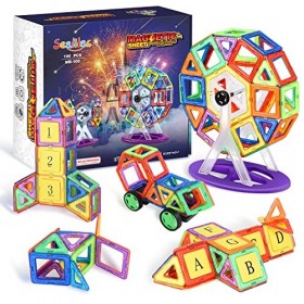 Sealilac Lot de 100 Blocs Construction Magnétiques, Jeu Construction Magnetique 3D avec 2 Bases Voiture, Grande Roue & Instru