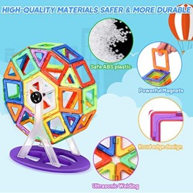 Sealilac Lot de 100 Blocs Construction Magnétiques, Jeu Construction Magnetique 3D avec 2 Bases Voiture, Grande Roue & Instru