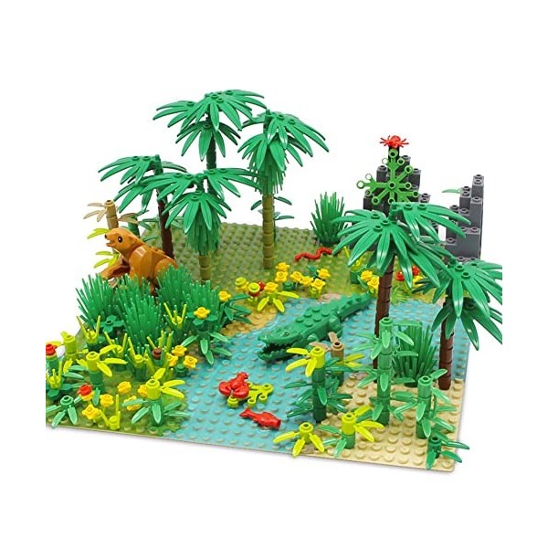 Feleph Jungle Blocs de Construction avec 2 Plaques de Base, Forêt Tropicale Daventures Briques Créatives avec Animaux, Plant