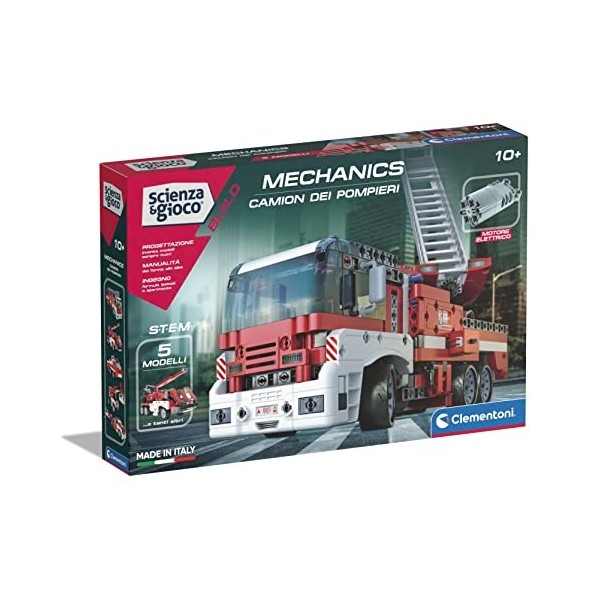 Clementoni- Science Build – Camion de Pompiers, Set de Construction, Laboratoire mécanique, Jeu Scientifique Enfants 8 Ans, M