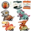 GoStock Jouets Dinosaures pour 2, 3, 4+ Ans, 4 Petites Voitures Dinos Trucks à Friction & 2 Cages de Sauvetage Lumineuses ave