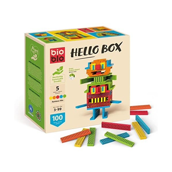 Bioblo Hello Box Rainbow-Mix avec 100 Briques | Briques durables pour Enfants à partir de 3 Ans