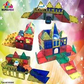 Mania-Mag Blocs Construction magnétiques│70 pièces: tuiles aimantées XXL, Roues de Voiture + Boite de Rangement Plastique│ Su
