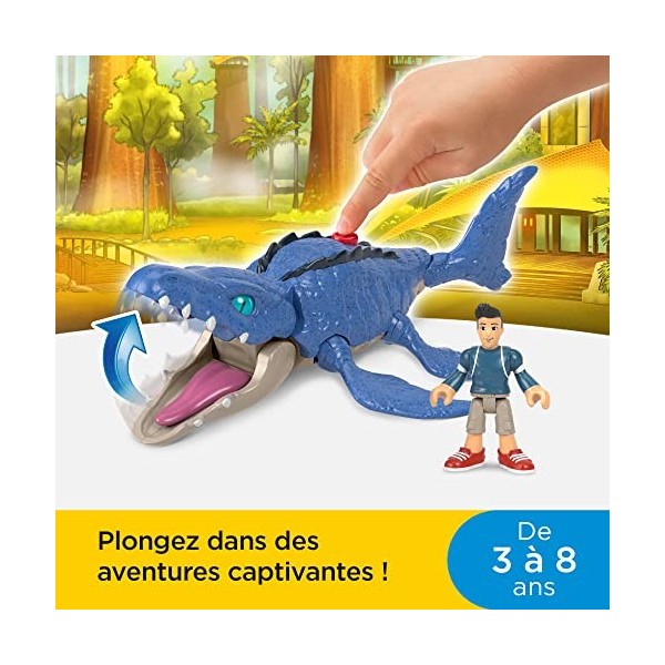 Imaginext Jurassic World Coffret figurines dinosaure Mosasaurus et Kenji inspirées de « La colo du Crétacé », jouet pour enfa