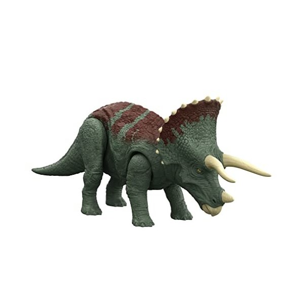 Jurassic World Figurine articulée et sonore de Tricératops Attaque Rugissante 33 cm avec code ADN caché et scannable, à Col