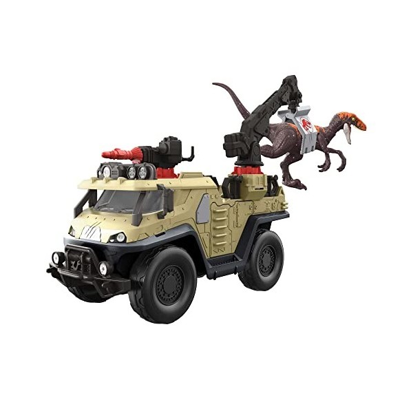 Jurassic World Camion Capture de « Jurassic World : Le Monde d’après » avec des roues fonctionnelles, 4 accessoires et 1 dino