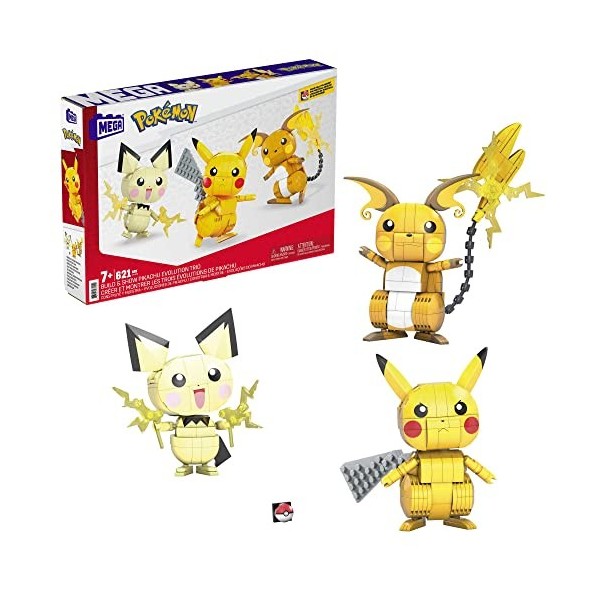 MEGA Pokémon 3 figurines évolutions de Pikachu à construire, jeu de briques de construction, 622 pièces, pour enfant dès 7 an