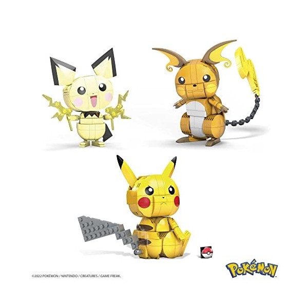 MEGA Pokémon 3 figurines évolutions de Pikachu à construire, jeu de briques de construction, 622 pièces, pour enfant dès 7 an