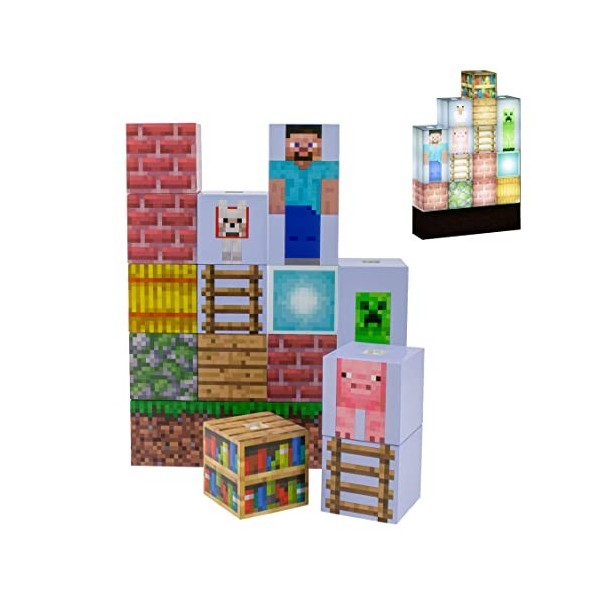 Paladone Minecraft Character Building Light - 16 Rearrangeable Light Blocks and Grass Base, Build Your Own Level