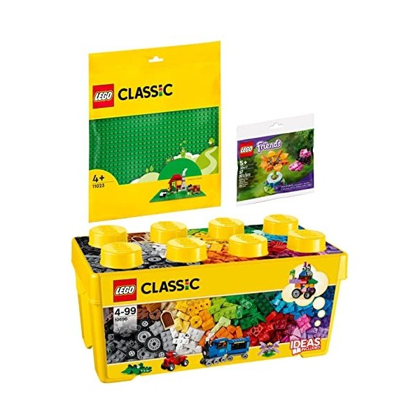 Lego Classic 10696 Lot de 3 boîtes de construction Lego de taille moyenne avec plaque de construction verte 11023 et sac en p