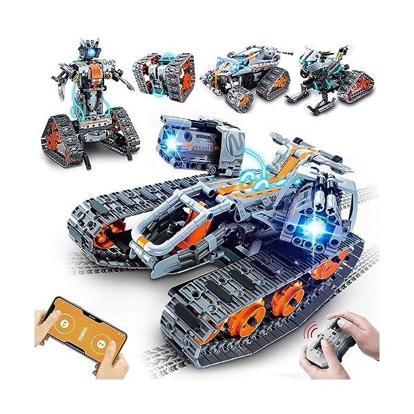 HOGOKIDS Technic Robots télécommandés avec lumière LED - 5 in 1 RC Jouets de construction Tank Auto Tracked Racer avec App té