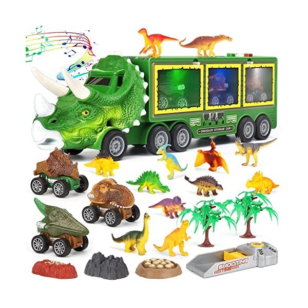 Aoskie Dinosaure Jouet Camion de Transporteur Jouet avec Lumière et Son, 23 Pcs Dinosaure Jeu Voiture Dinosaure Cadeau pour E