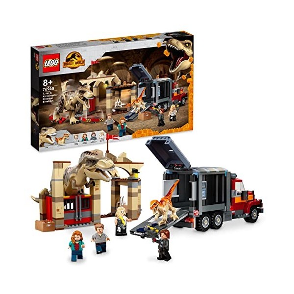 LEGO 76948 Jurassic World LÉvasion du T. Rex et de l’Atrociraptor, Dinosaures Jouet, avec Camion et Minifigurines, Dino pour