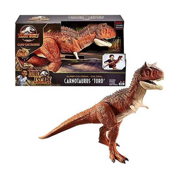 Jurassic World : la Colo du Crétacé, grande figurine articulée dinosaure Carnotaurus Toro Super Colossal, 91 cm de long, joue