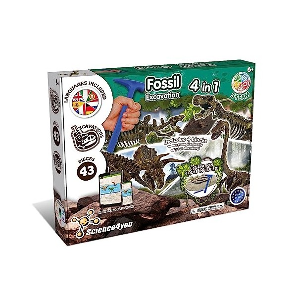 Science4you - Kit de Fouille de Fossiles 4 en 1 pour Enfants 5 6 7 8 9 10 Ans - Excaver et Assembler 4 Dinosaures: T-Rex, Tri