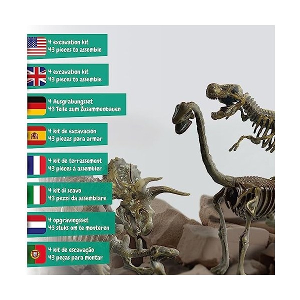 Science4you - Kit de Fouille de Fossiles 4 en 1 pour Enfants 5 6 7 8 9 10 Ans - Excaver et Assembler 4 Dinosaures: T-Rex, Tri