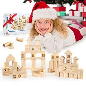 VATOS Blocs de Construction en Bois, 75 pièces Pin Naturel Pur Jeu De Construction Jouets éducatifs Jouet Montessori 1 2 3 4 