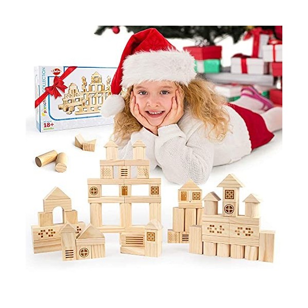 VATOS Blocs de Construction en Bois, 75 pièces Pin Naturel Pur Jeu De Construction Jouets éducatifs Jouet Montessori 1 2 3 4 