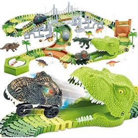174 Pièces Jouets Dinosaures La Piste de Course,Flexible Voies Ferrées avec 8 Figurines de Dinosaures,2 Voitures de Course él