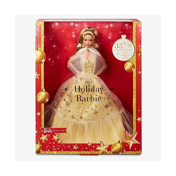Barbie Signature Joyeux Noël 2023 Poupée Spéciale Fêtes Avec Robe De Soirée Dorée, Cheveux Blonds Et Emballage De Présentatio