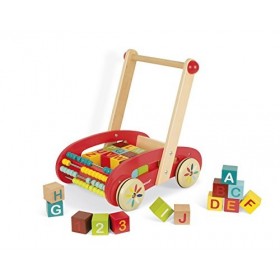 Janod - Chariot de Marche Enfant en Bois ABC Buggy Tatoo - 30 Cubes Inclus - Dès 1 An, J05379, Rouge