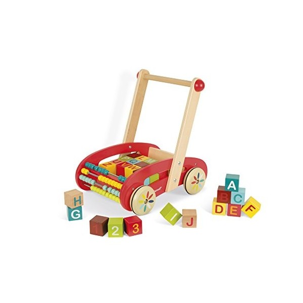 Janod - Chariot de Marche Enfant en Bois ABC Buggy Tatoo - 30 Cubes Inclus - Dès 1 An, J05379, Rouge