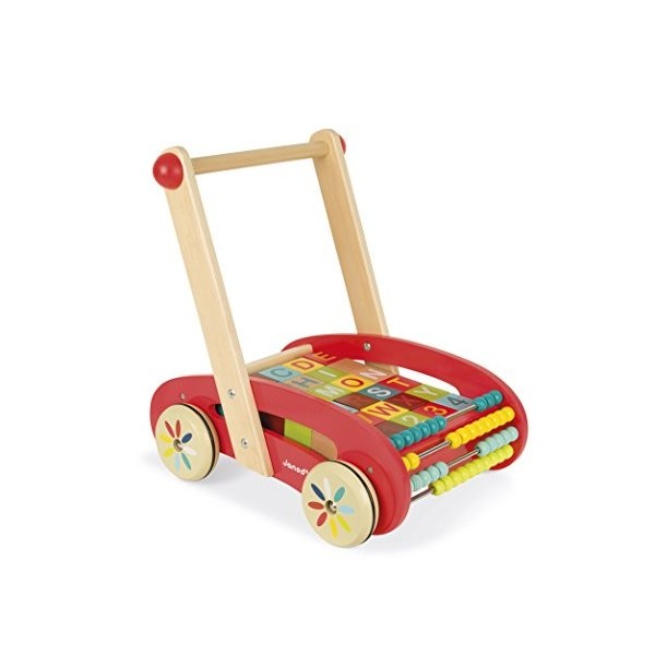 Janod - Chariot de Marche Enfant en Bois ABC Buggy Tatoo - 30 Cubes Inclus - Dès 1 An, J05379, Rouge