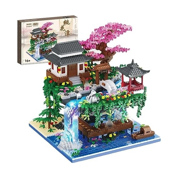 Piscine de Fleurs de pêcher Architecture Maquette, 3320Pcs Ancienne Scène de Rue Chinoise, Mini Nano Blocs, Set de Constructi