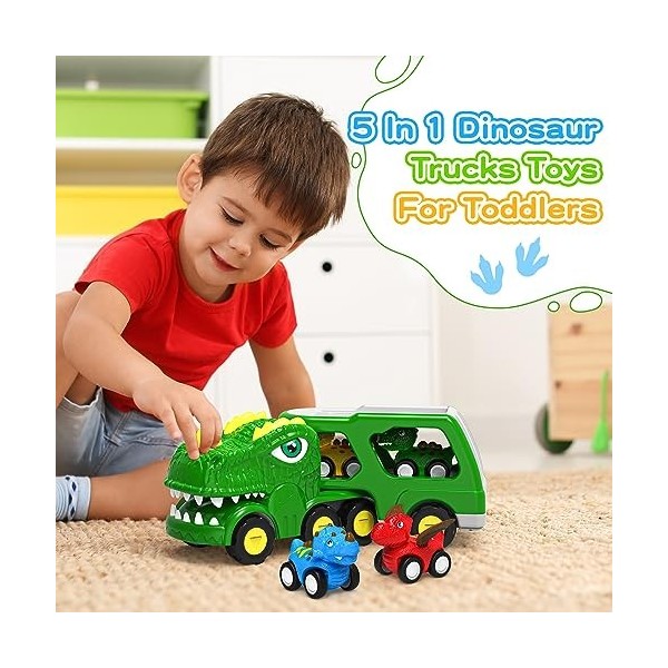 Lshfjnd Jouets Voiture Dinosaure pour Enfants de 1 2 3 4 5 Ans Garçon 5-en-1 Dino Transport Carrie Trucks pour Enfants de 1 à