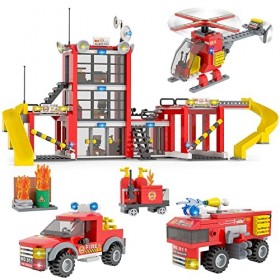 Casernes de Pompiers Kit pour Garçons, Jeu de Construction de Pompiers pour Enfants, avec Camion de Pompiers et Hélicoptère, 