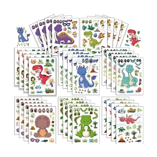 Lot de 32 autocollants de puzzle dinosaures de dessin animé - Jouets dinteraction parent-enfant - Manuel - Autocollants dino