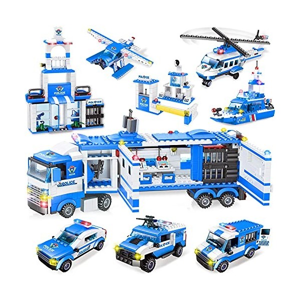 1039 Pièces City Commissariat de Police Blocs Construction Set, 8 en 1 Mobile Commandement Centre City Police Jouet, Cadeaux 