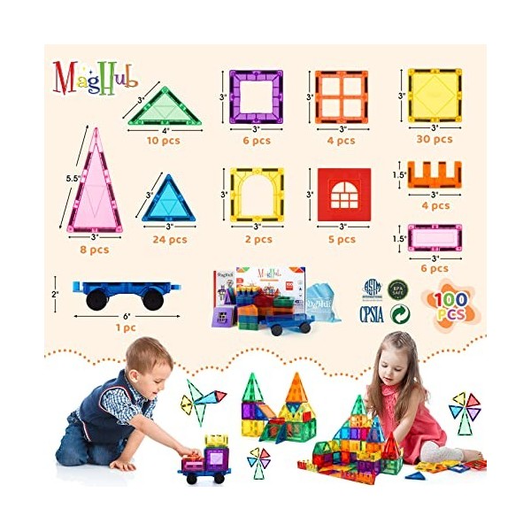 MagHub Lot de 100 blocs de construction magnétiques pour enfants, aimants 3D transparents pour enfants, jouets magnétiques pr