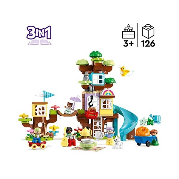 LEGO 10993 Duplo La Cabane dans l’Arbre 3-en-1, Jouet Éducatif pour Enfants Dès 3 Ans, Filles et Garçons, avec 4 Figurines An