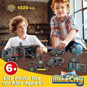 1020 Pièces Poste de Police Ville Kit, Jouet de Construction de Centre de Commandement Mobile 8 en 1 avec Voiture de Police, 