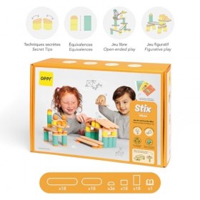 OPPI - Stix - Jeu Éducatif en Bois Et Silicone - avec Livret DInstructions - 108 Pièces - 50 Cartes À Télécharger - 2-12 Ans