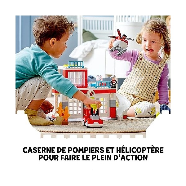 LEGO 10970 Duplo La Caserne Et L’Hélicoptère des Pompiers, avec Jouet Camion Push & Go pour Les Enfants de 2 Ans et Plus, Lar