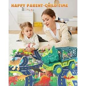 Jouets Dinosaure Camion pour Enfants de 3 à 5 Ans, Camion de Transport de Voiture Tyrannosaurus Rex avec 15 Figurines Dino, T