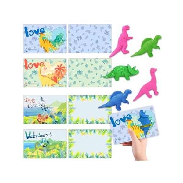 Leesgel Lot de 32 cartes de Saint-Valentin dinosaures pour enfants, cartes de Saint-Valentin en vrac avec jouets dinosaures e