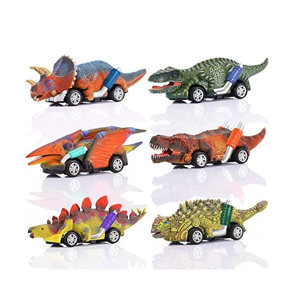 DERAYEE Dinosaures Machines Jouet,6 Pièces Dinosaure Jouet Tirez Retour Voiture,Jeux Cadeaux pour Enfants 2 3 4 5 6 7Ans