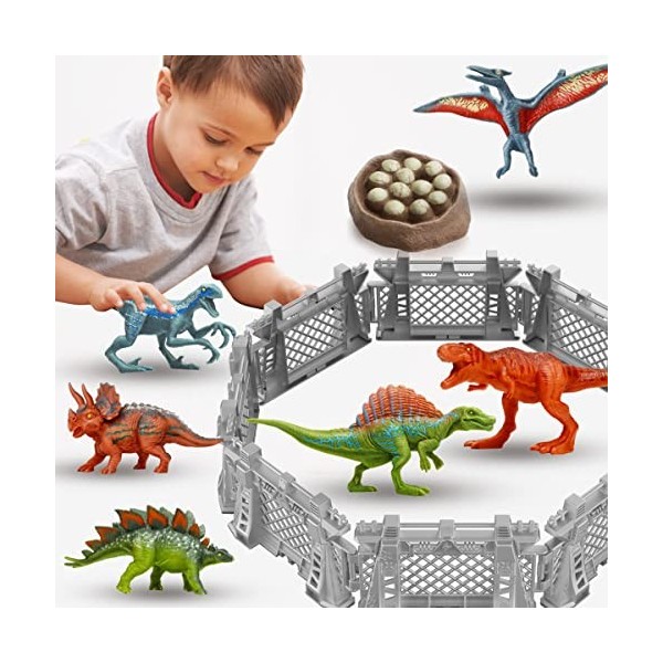 Oriate Jouet dinosaure pour enfants de 3 à 8 cm, 4 m de long - Mini figurines de dinosaures avec 8 clôtures dinosaures, jeu d