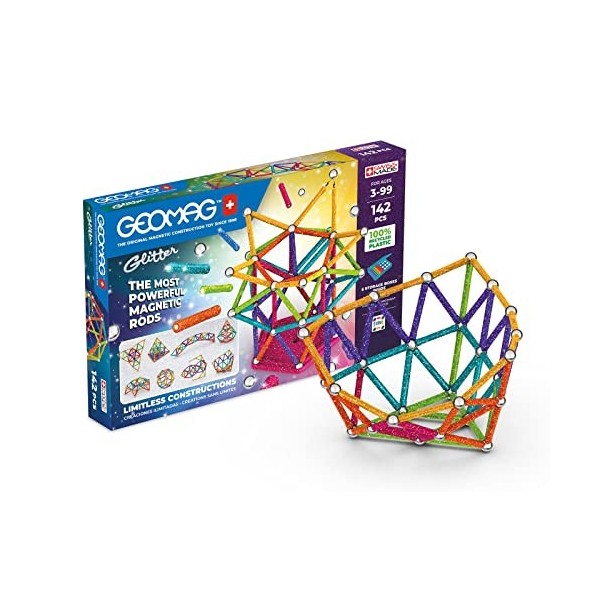 Geomag, Glitter Recycled, Jeu de Constructions Magnétiques Pailletées, Barrettes Magnétiques Pailletées et Colorées, Pack de 