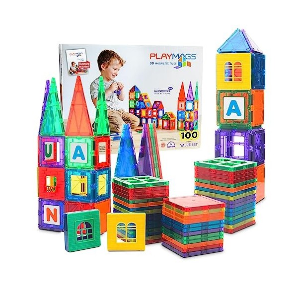 Playmags Ensemble De 100 Blocs Magnétiques 3D pour Enfants - Jouets À Aimant Puissant STEM - Construction Magnétiques - Tuile