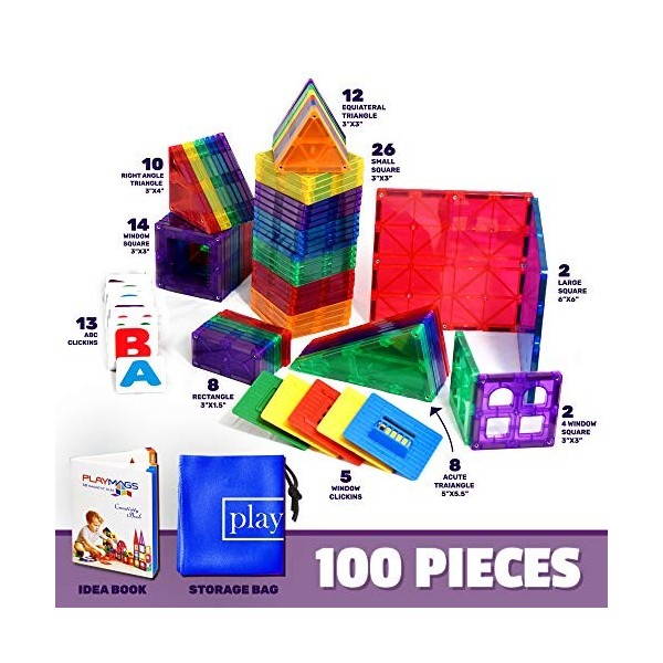 Playmags Ensemble De 100 Blocs Magnétiques 3D pour Enfants - Jouets À Aimant Puissant STEM - Construction Magnétiques - Tuile