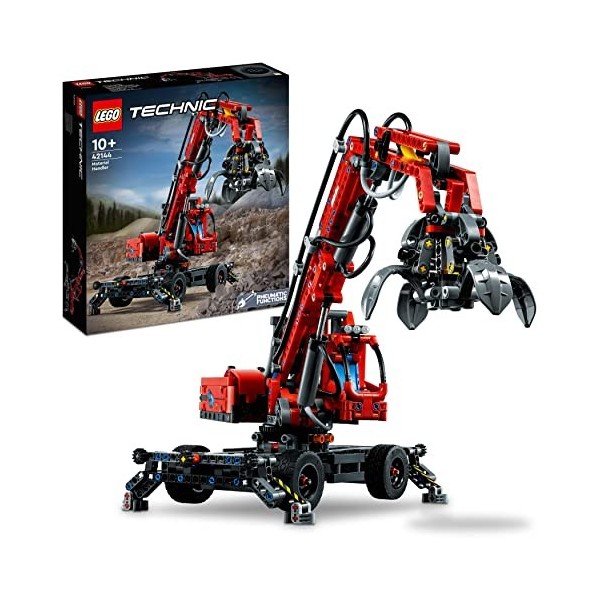 LEGO 42144 Technic La Grue de Manutention: Jeu de Construction Éducatif, Engin de Chantier, Maquette Pneumatique, Stimule lI