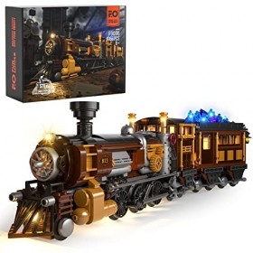 FUNWHOLE Train de Construction avec lumières LED - Jeu de Construction de Train Steampunk 1056 PCS pour Ados et Adultes avec 
